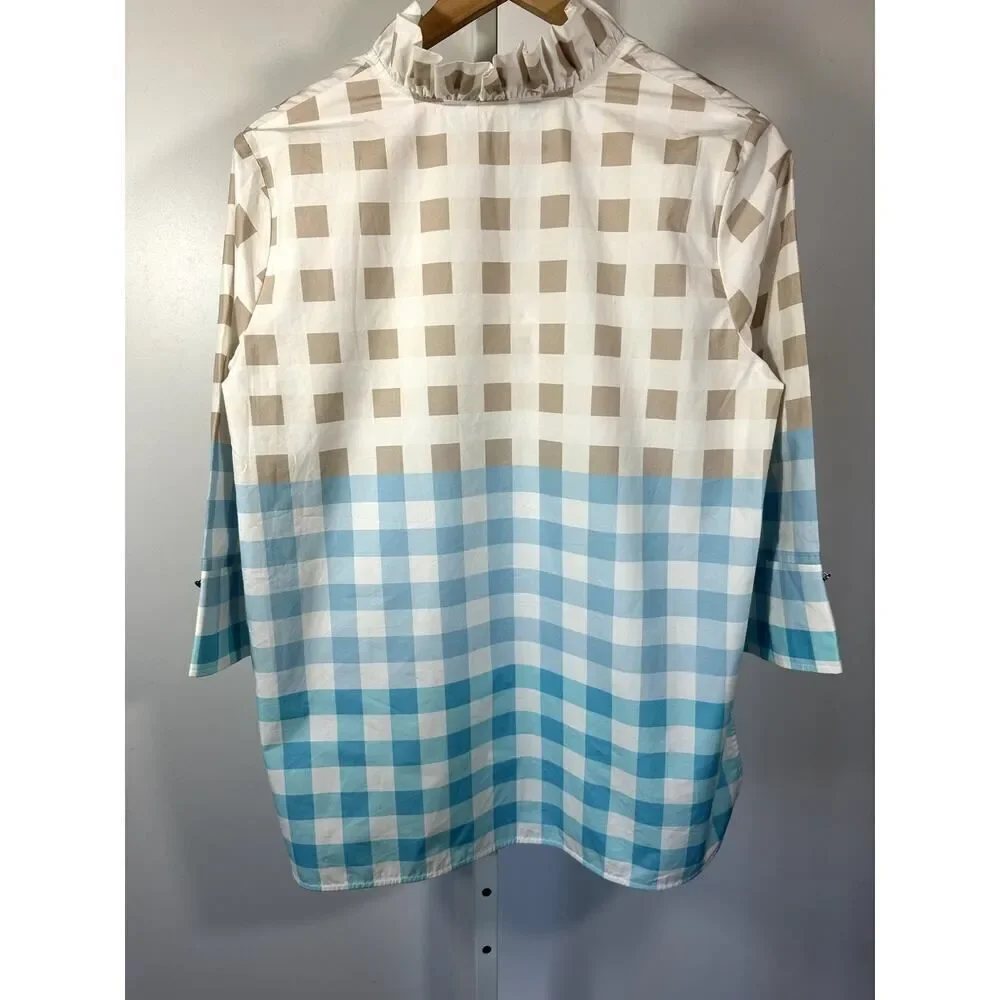 MING WANG Women's Two Piece Gingham Cotton Poplin Skirt Set Blue/Tan Size Small